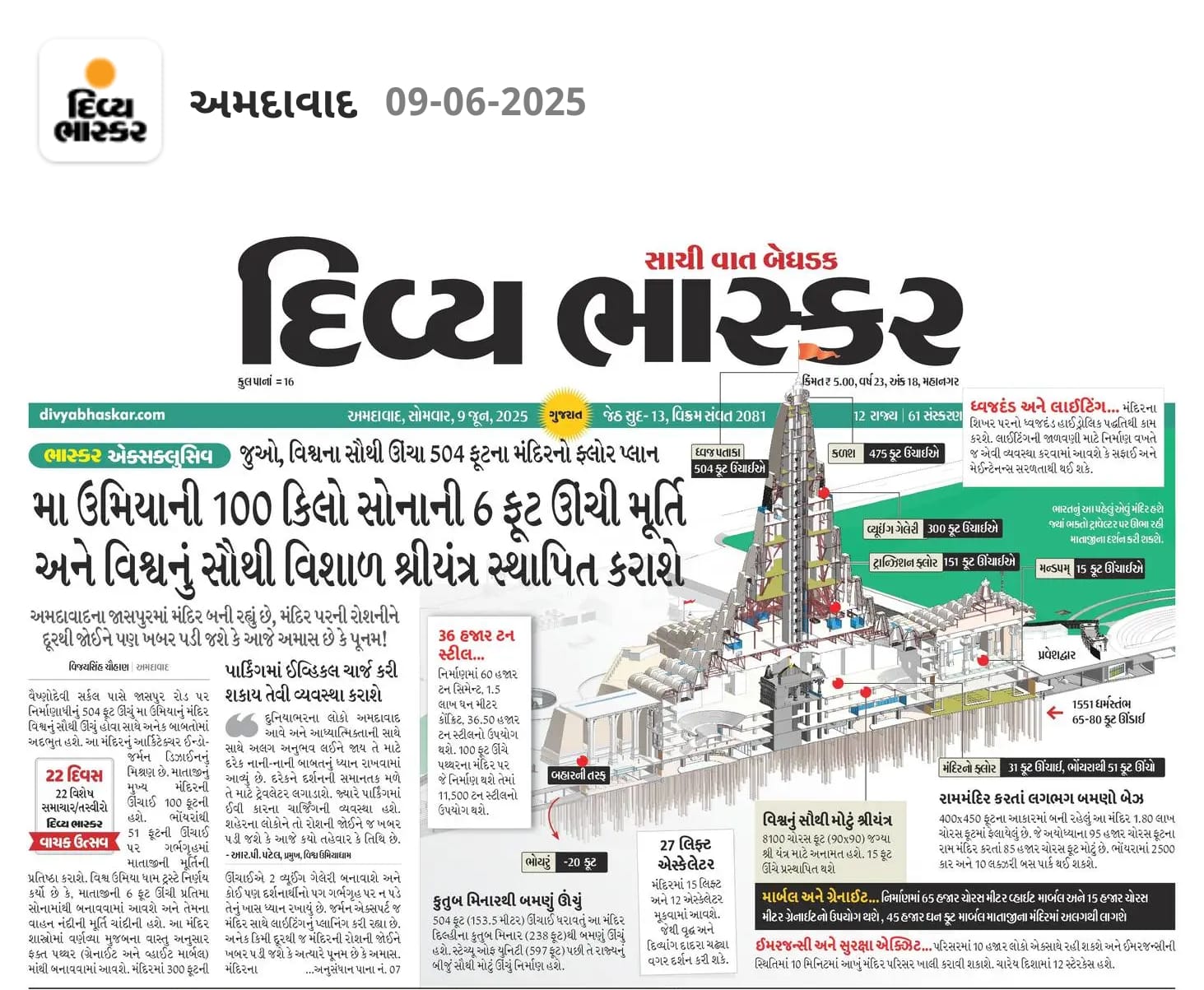World’s Tallest Temple with Maa Umiya’s 6-ft Golden Murti and Massive Shri Yantra